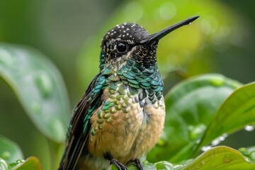 Fototapeta premium A Green-Breasted Mango hummingbird perches on a green leaf, its iridescent feathers shimmering in the sunlight