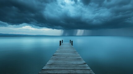 A wooden dock extends into a tranquil lake, the water reflecting the stormy sky above. The image symbolizes peace, resilience, hope, anticipation, and the beauty of nature in the face of adversity.