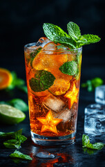 Fototapeta premium Refreshing iced beverage with mint and citrus garnishes on display. Enjoy a vibrant iced drink adorned with mint leaves and citrus slices.