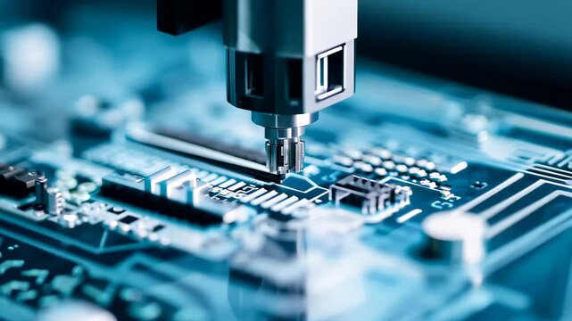 A detailed close-up showcases a computer motherboard, highlighting intricate circuits and components, with a machine integrated directly onto its surface, illustrating advanced tec