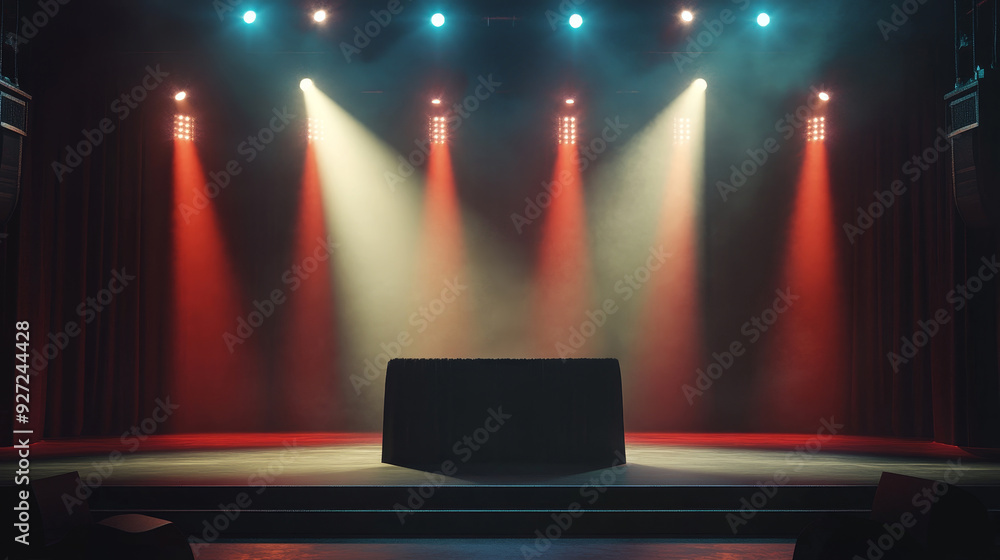 Poster an empty stage with red curtains and spotlights shining on a black table, symbolizing the beginning 