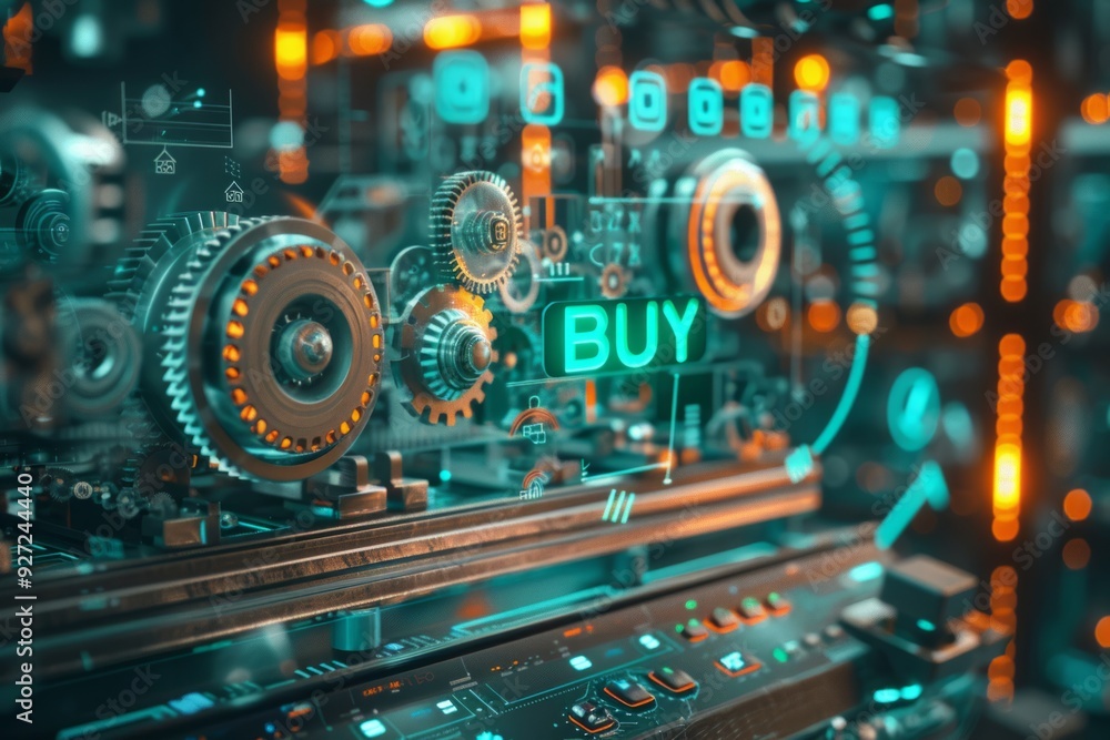 Poster closeup of a futuristic machine with rotating gears and a glowing buy button