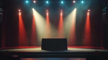 An empty stage with red curtains and spotlights shining on a black table, symbolizing the beginning of a performance, a new opportunity, a blank canvas, a moment of anticipation, and the potential for