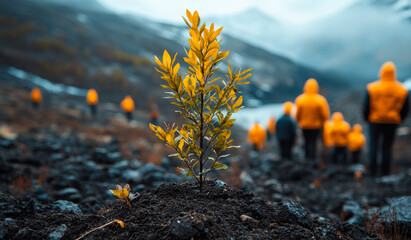 Obraz premium Bright yellow plant grows amidst nature with hikers in background. A vibrant yellow plant stands out as hikers in orange jackets explore the rugged landscape.