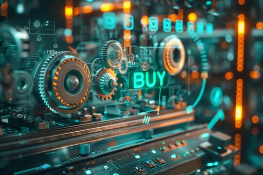 Closeup of a futuristic machine with rotating gears and a glowing Buy button