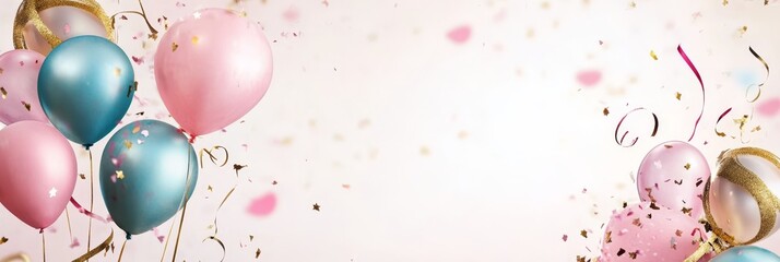 Pink and blue balloons with gold ribbons and confetti symbolize celebration, joy, and festivity.