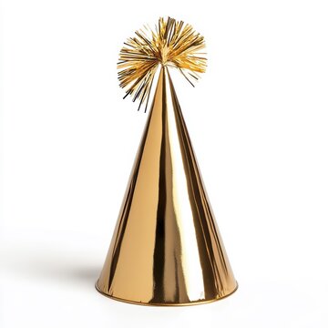 A shiny gold party hat with a playful pom-pom on top, perfect for celebrations and festive occasions
