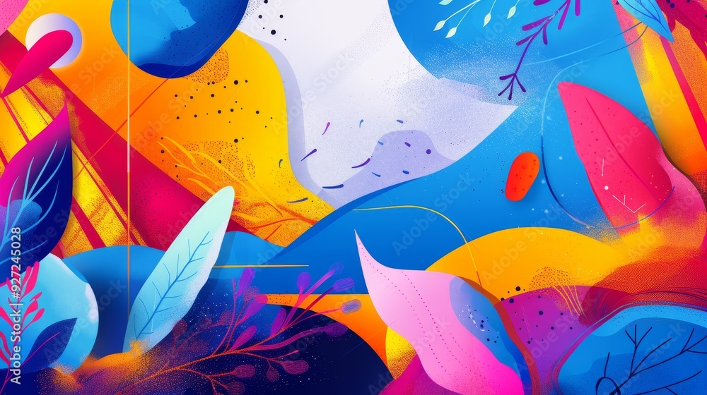 Poster this digital art piece features a vibrant and abstract background with a mix of shapes and floral el