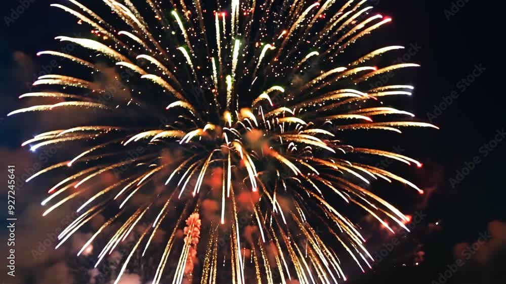Aufkleber A dazzling array of fireworks lights up the night sky above a vibrant city, creating a stunning spectacle of colors and patterns that captivates onlookers below.