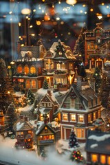 Festive Christmas Village Display in Store Window with Miniature Buildings and Twinkling Holiday Lights