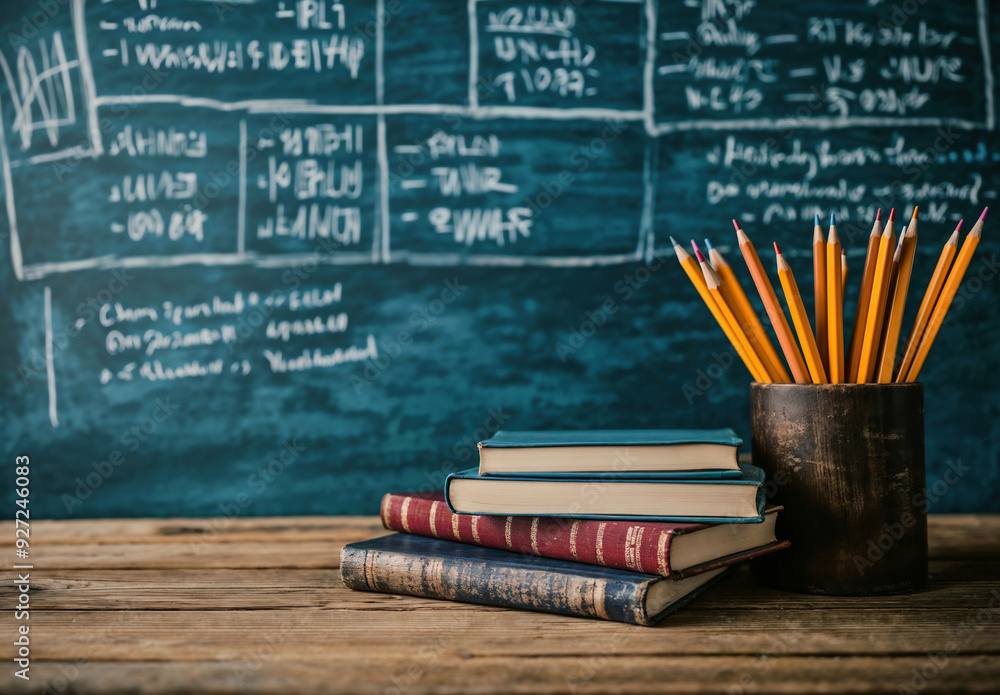Aufkleber stack of books and a cup of pencils on a desk in a classroom, with a blackboard background
