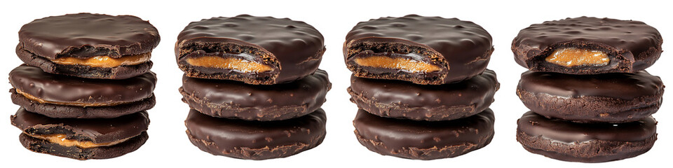 Obraz premium Set of a Chocolate dark brown cookies with peanut butter filling, stacked on top of each other, against on transparent background