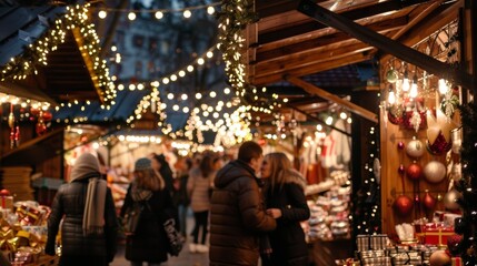 Obraz premium Festive Holiday Market with Twinkling Lights and Shoppers Browsing for Christmas Gifts