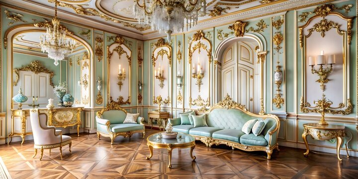 Opulent rococo room with ornate gilded furniture and pastel color palette, rococo, room, opulent, gilded, furniture