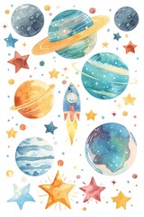 A colorful watercolor illustration features planets, stars, and a rocket against a white background