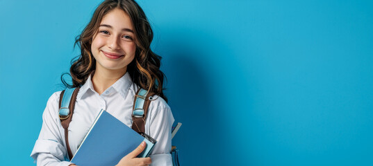Obraz premium Happy Schoolgirl Holding Art Set and Sketchbook on Vibrant Blue Background for Back-to-School Design