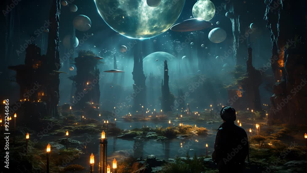 Poster a lone figure sits in a mystical forest, gazing up at a sky filled with floating orbs and planets. t