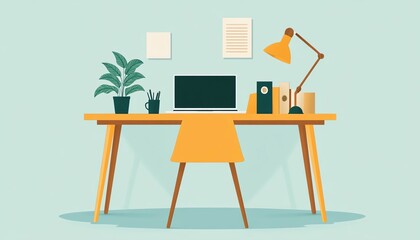 A flat art illustration of a minimalist workspace with a clean desk, a laptop, and a potted plant, ideal for productivity and home office themes, space for text, high detailed