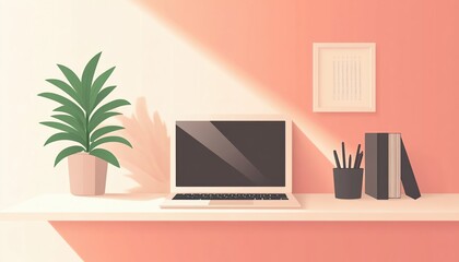 A flat art illustration of a minimalist workspace with a clean desk, a laptop, and a potted plant, ideal for productivity and home office themes, space for text, high detailed