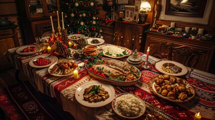 Fototapeta premium Traditional Christmas Dinner in Poland with Festive Decorations and Holiday Dishes for Celebration