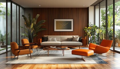 Fototapeta premium A 3D rendered image of a chic living room with midcentury modern furniture, bold colors, and a mix of textures, perfect for interior design themes, space for text, high detailed