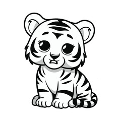 Baby tiger outline, silhouette coloring sketch for kids line art.