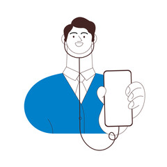 Medical Specialist with Stethoscope Hold Smartphone. Black and White Modern Flat Vector Illustration. Consultation Online. 