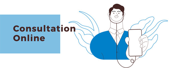 Fototapeta premium Medical Specialist with Stethoscope Hold Smartphone. Black and White Modern Flat Vector Illustration. Consultation Online. Website Banner, Landing Page Template.