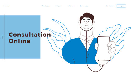 Medical Specialist with Stethoscope Hold Smartphone. Black and White Modern Flat Vector Illustration. Consultation Online. Website Banner, Landing Page Template.