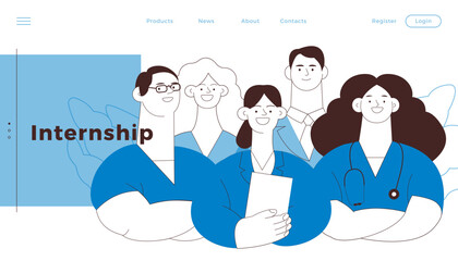 Internship Jobs. Black and White Modern Vector Concept Illustration. Medical Specialists Standing Together, Team of Interns on Abstract Background. Website Banner, Landing Page Template.
