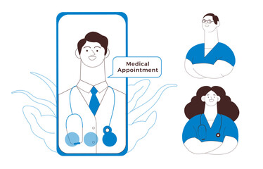 Male Medical Specialist on a Screen of Smartphone. Diverse Medical Specialists. Black and White Modern Flat Vector Illustration. Medical Appointment Online Through Device Concept.