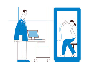 Male Medical Specialist and Female Patient Performs Whole Body Plethysmography in Medical Office or Laboratory. Black and white modern flat vector illustration. 