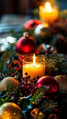 Festive Christmas Centerpiece with Candles, Holly, and Ornaments Creating a Warm Holiday Atmosphere
