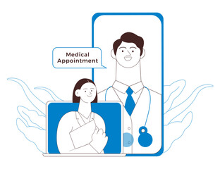 Male and Female Medical Specialist on Smartphone and Laptop Screens. Black and White Modern Flat Vector Illustration. Medical Appointment Online Through Device Concept.