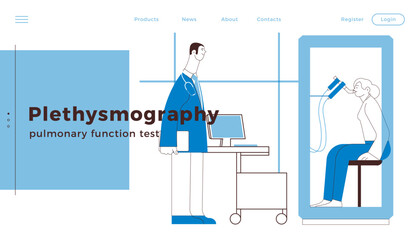 Male Medical Specialist and Female Patient Performs Whole Body Plethysmography in Medical Office or Laboratory. Black and white modern flat vector illustration. Website Banner Design Template.