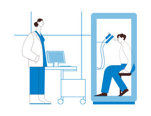Female Medical Specialist and Male Patient Performs Whole Body Plethysmography in Medical Office or Laboratory. Black and white modern flat vector illustration. 