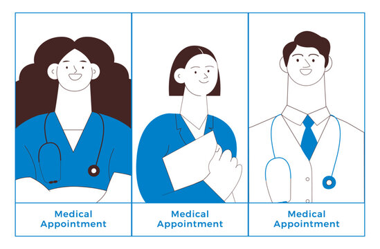 Medical Specialists of Different Gender. Medical Insurance. Medical Appointment Template. Black and White Modern Flat Vector Illustration.