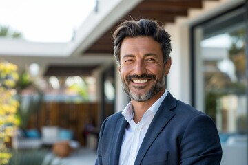 Obraz premium A middle-aged man in a suit smiles at the camera while standing outside a modern home
