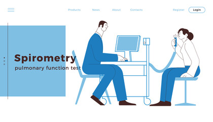 Spirometry. Pulmonary function test. Medical Specialist with Female Patient Performs Spirometry in Laboratory or Office. Black and White Modern Flat Vector Illustration. Website Banner Template.