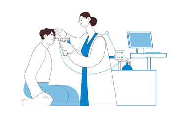 Medical Specialist Performing Spirometry on Patient in Medical Office or Laboratory. Black and White Modern Flat Vector Illustration. Respiratory Diseases. 