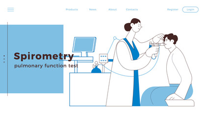 Medical Specialist Performing Spirometry on Patient in Medical Office or Laboratory. Black and White Modern Flat Vector Illustration. Respiratory Diseases. Website Banner, Landing Page Design Template