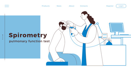 Medical Specialist Performing Spirometry on Patient in Medical Office or Laboratory. Black and White Modern Flat Vector Illustration. Respiratory Diseases. Website Banner, Landing Page Design Template