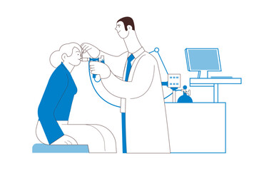 Medical Specialist Performing Spirometry on Patient in Medical Office or Laboratory. Black and White Modern Flat Vector Illustration. Respiratory Diseases. 