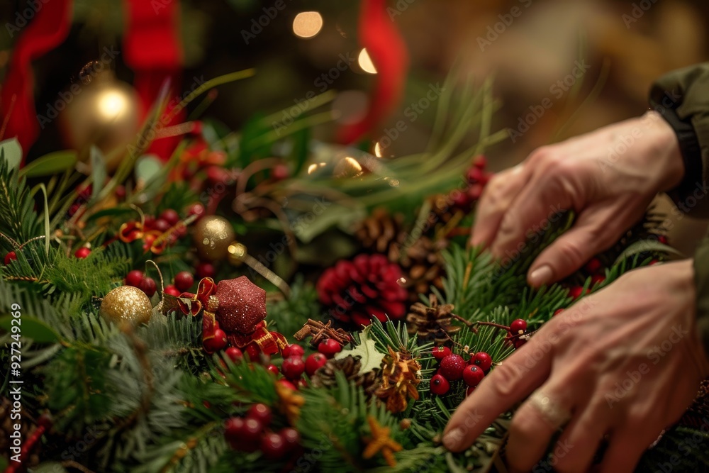 Wall mural Hands Crafting a Christmas Wreath with Greenery, Ribbons, and Ornaments for Holiday Decor