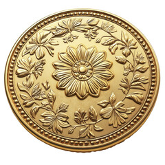 Obraz premium A decorative gold medallion featuring intricate floral patterns and a central flower design, exuding elegance and artistry