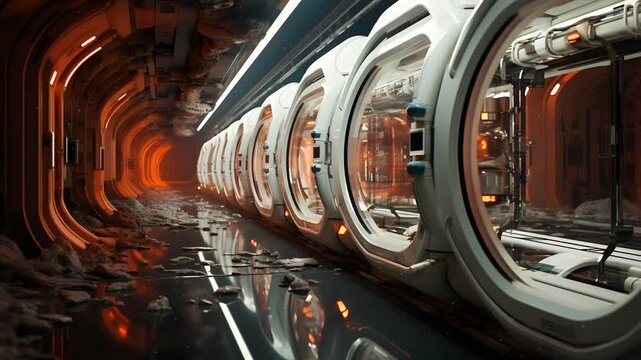 A futuristic space corridor with rows of pods, flooded with water and debris. The orange glow from beyond the tunnel highlights the metallic surfaces.