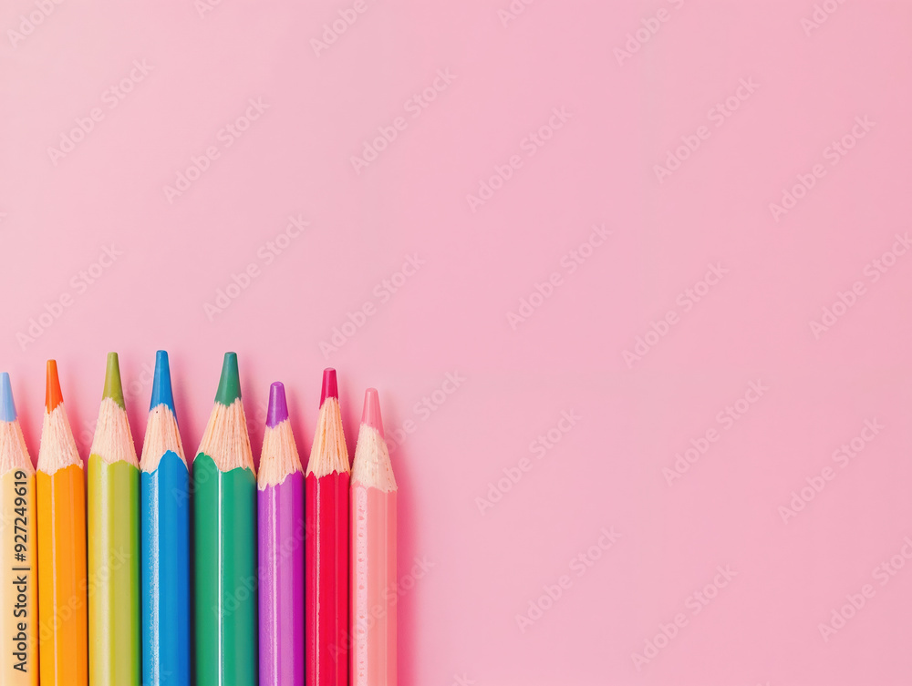 Aufkleber row of sharpened colored pencils is lying on a pink background with copy space