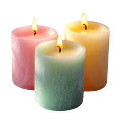 Three colorful candles in pink, green, and yellow, each with a gentle flame, creating a serene and warm ambiance
