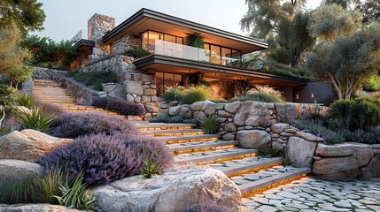 Obraz premium Stone pathway leading to modern house with lit steps.