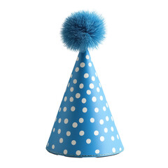 A fun blue party hat adorned with white polka dots and a fluffy pom-pom at the top, perfect for celebrations and festivities